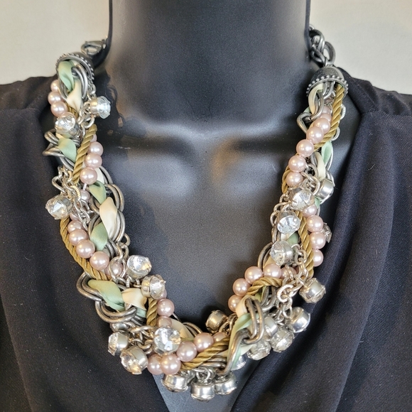 Ann Taylor Loft Ribbon Faux Pearl Bead  Rhinestone Statement Necklace 20-25" - Picture 3 of 7